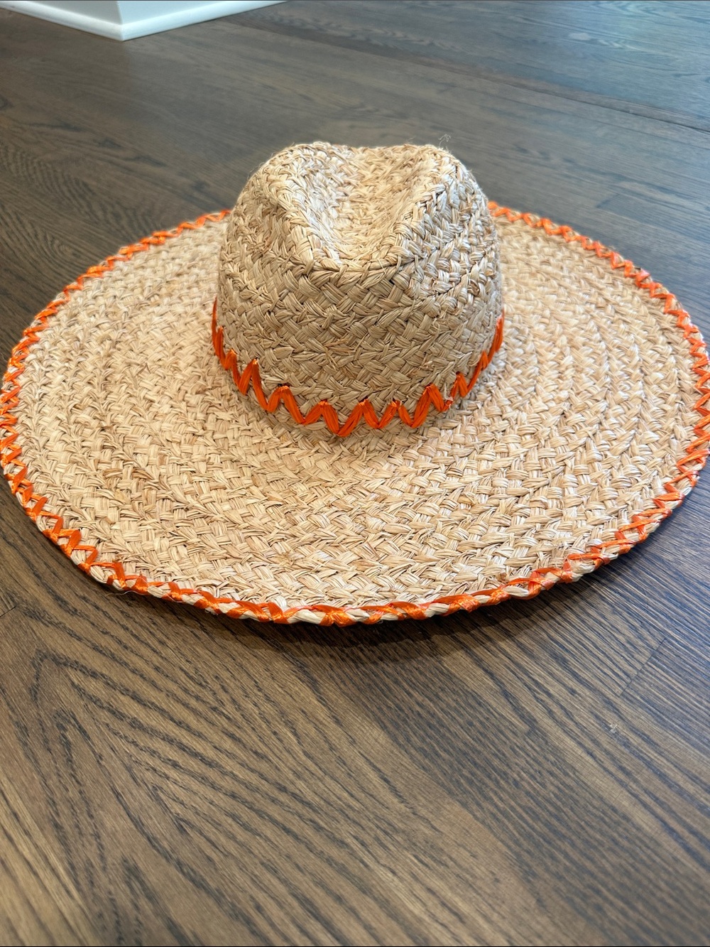 NWT Raffello Bettini Wide Brim Straw Sun Hat with Orange Trim